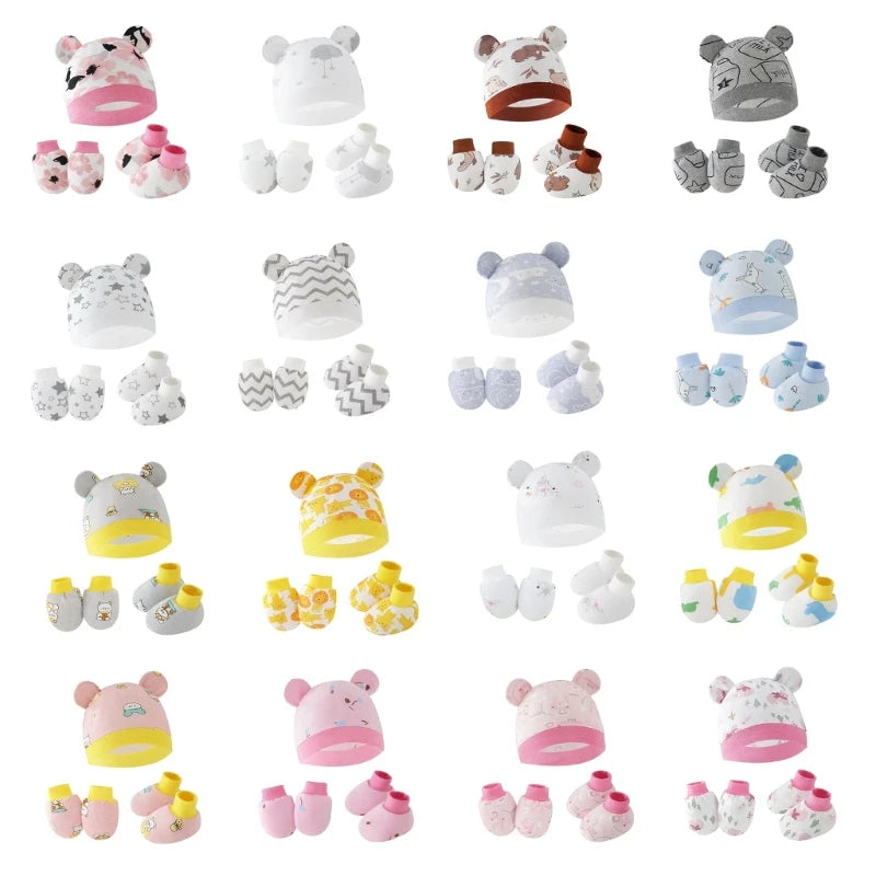 Baby Hat + Gloves Hat + Foot Cover Cotton Newborn Nightcap Unisex Boys Girls