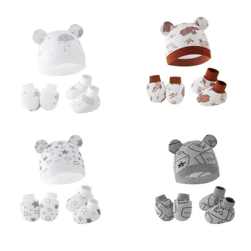 Baby Hat + Gloves Hat + Foot Cover Cotton Newborn Nightcap Unisex Boys Girls