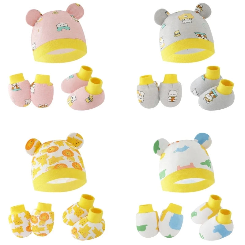 Baby Hat + Gloves Hat + Foot Cover Cotton Newborn Nightcap Unisex Boys Girls