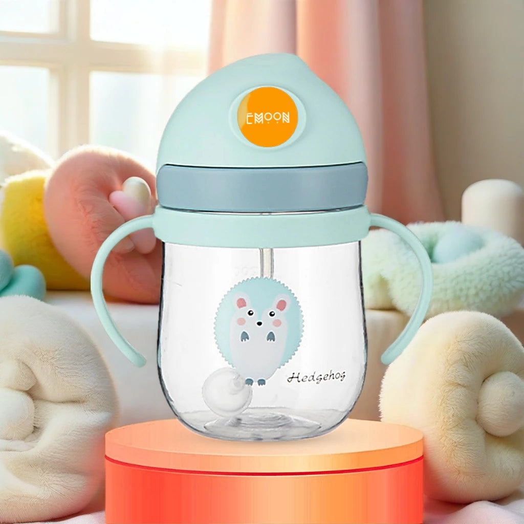 Emoon 250ml baby drinking bottle, soft silicone straw with anti-choking valve, safe material for babies, with replacement tube