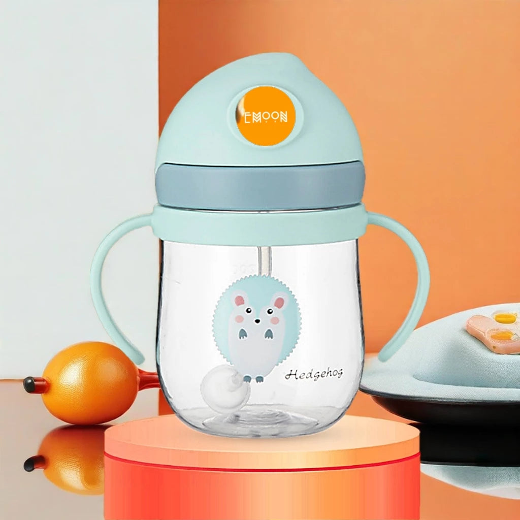 Emoon 250ml baby drinking bottle, soft silicone straw with anti-choking valve, safe material for babies, with replacement tube