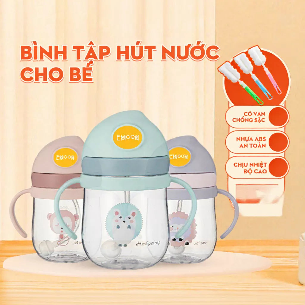 Emoon 250ml baby drinking bottle, soft silicone straw with anti-choking valve, safe material for babies, with replacement tube