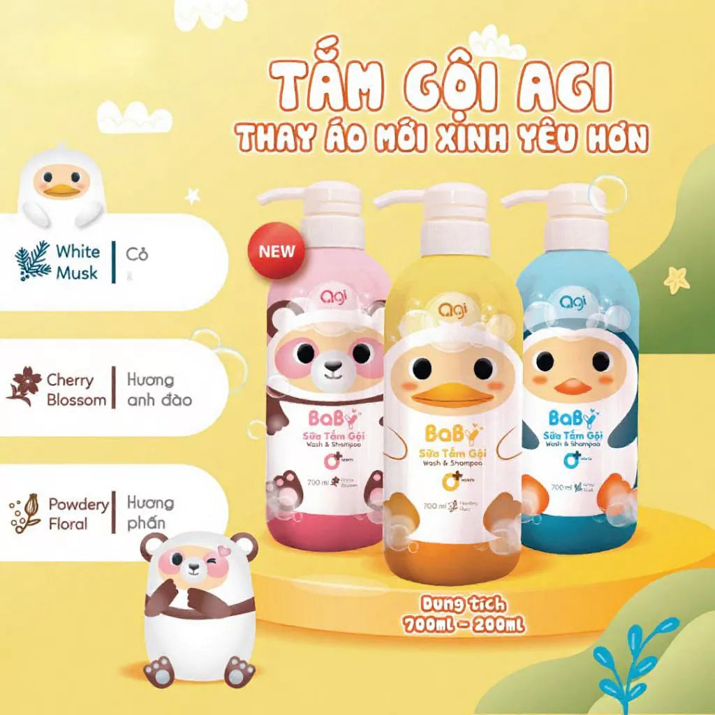 Agi 200/700ml shower gel and shampoo - 2 in 1 full body shower gel for babies, safe and gentle