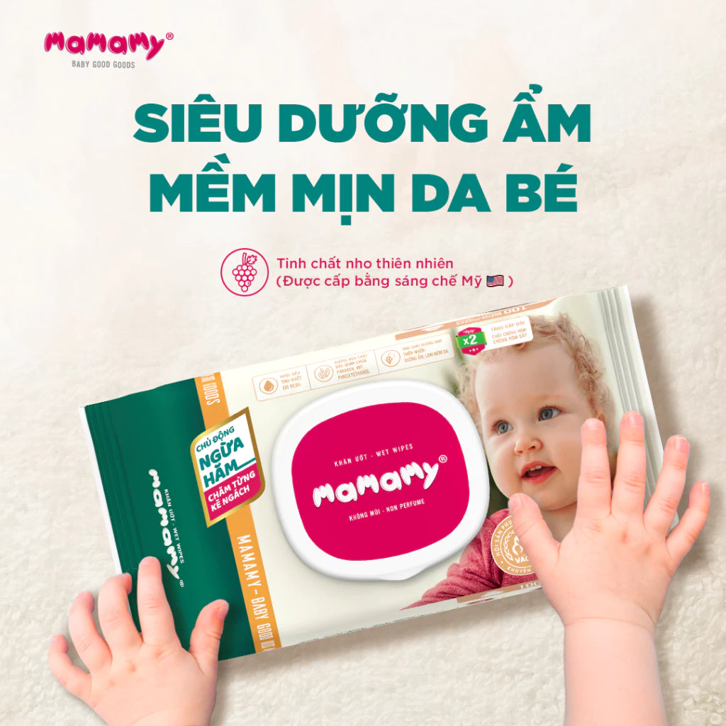 Mamamy premium wet wipes for babies, pack of 100 sheets, natural fiber, double folded to prevent diaper rash, soft, durable and extremely clean