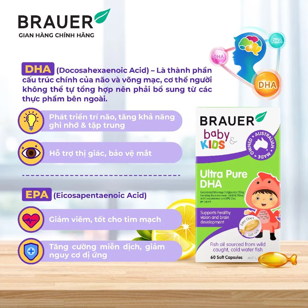 BRAUER Baby & Kids Ultra Pure DHA tablets help develop the brain and eyes of children from 7 months (60 tablets)