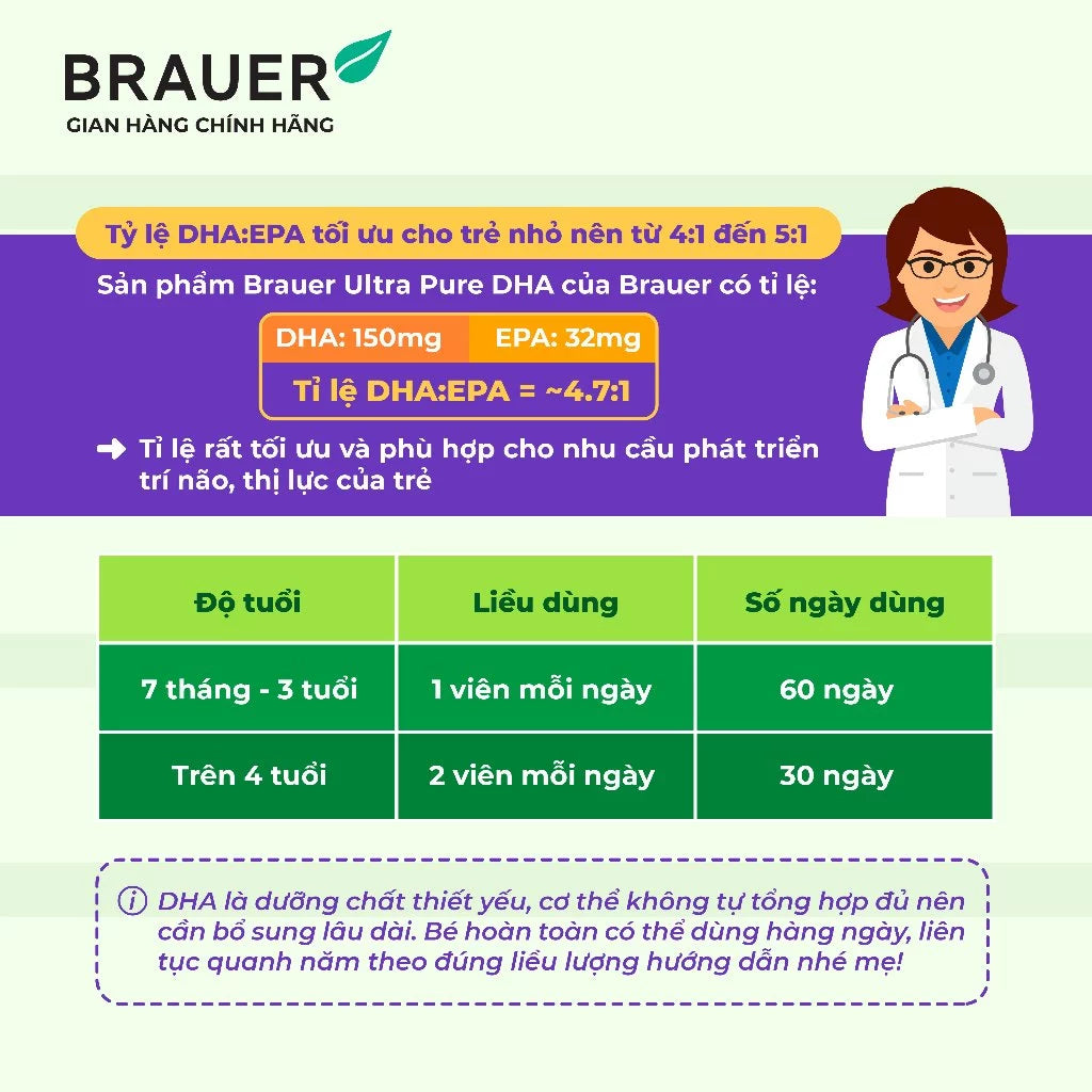 BRAUER Baby & Kids Ultra Pure DHA tablets help develop the brain and eyes of children from 7 months (60 tablets)