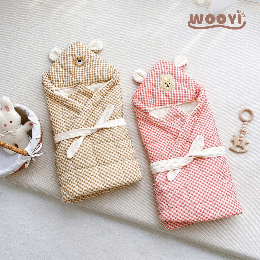 COTTON MUSLIN BLANKET (CHECKED) WITH VELVET LINING (WITH FREE BELT) FOR NEWBORN BABIES - WOOYI