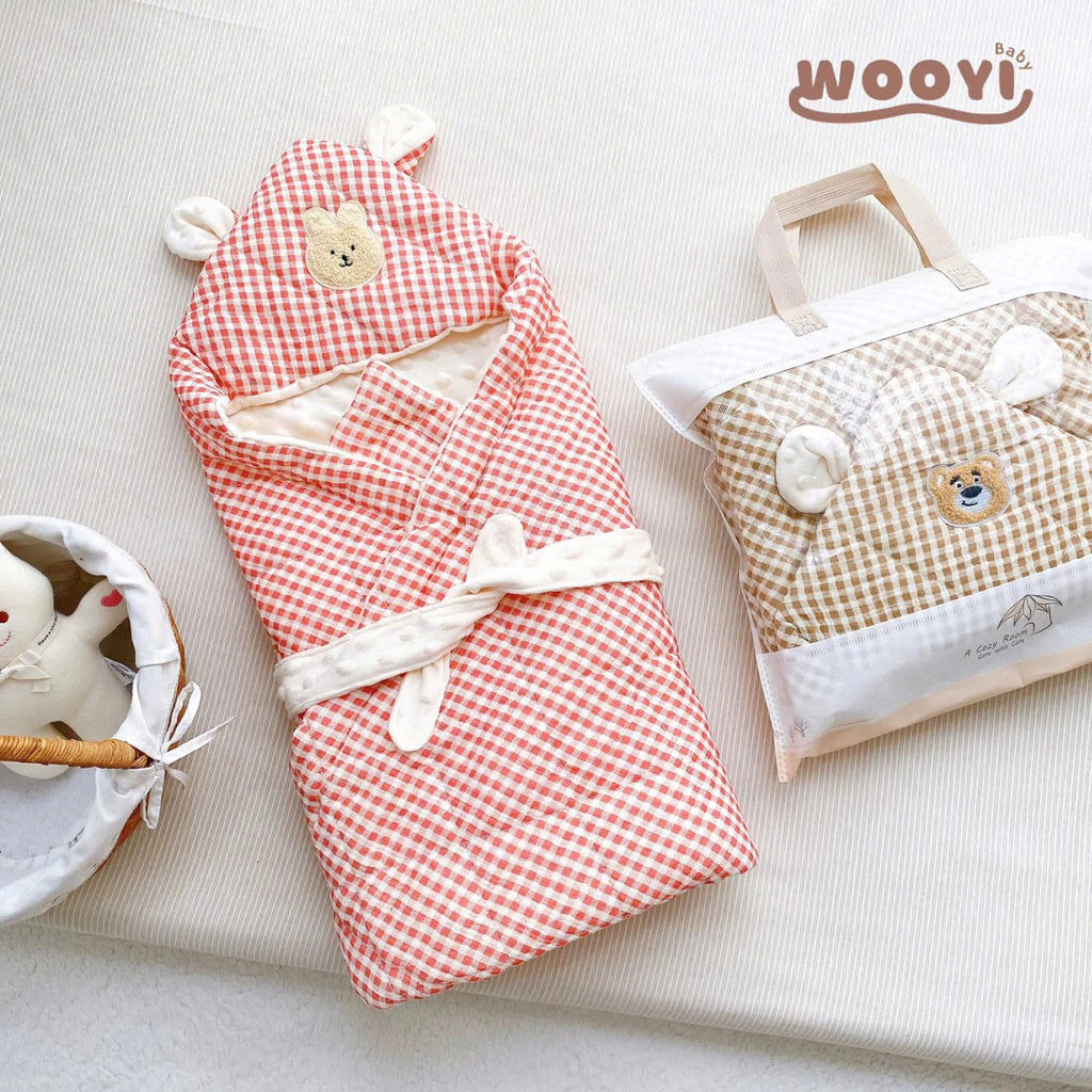 COTTON MUSLIN BLANKET (CHECKED) WITH VELVET LINING (WITH FREE BELT) FOR NEWBORN BABIES - WOOYI