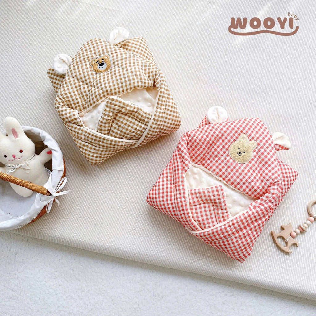 COTTON MUSLIN BLANKET (CHECKED) WITH VELVET LINING (WITH FREE BELT) FOR NEWBORN BABIES - WOOYI