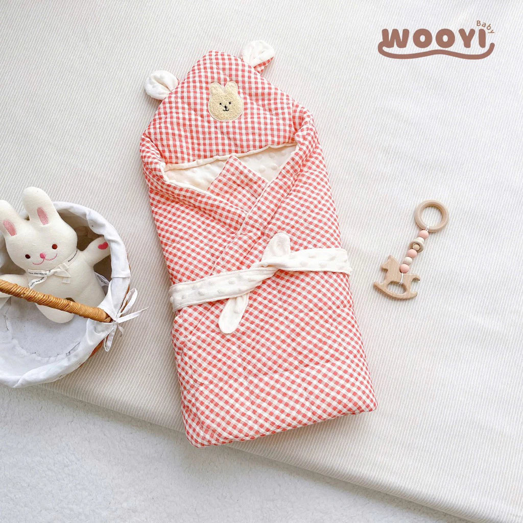 COTTON MUSLIN BLANKET (CHECKED) WITH VELVET LINING (WITH FREE BELT) FOR NEWBORN BABIES - WOOYI