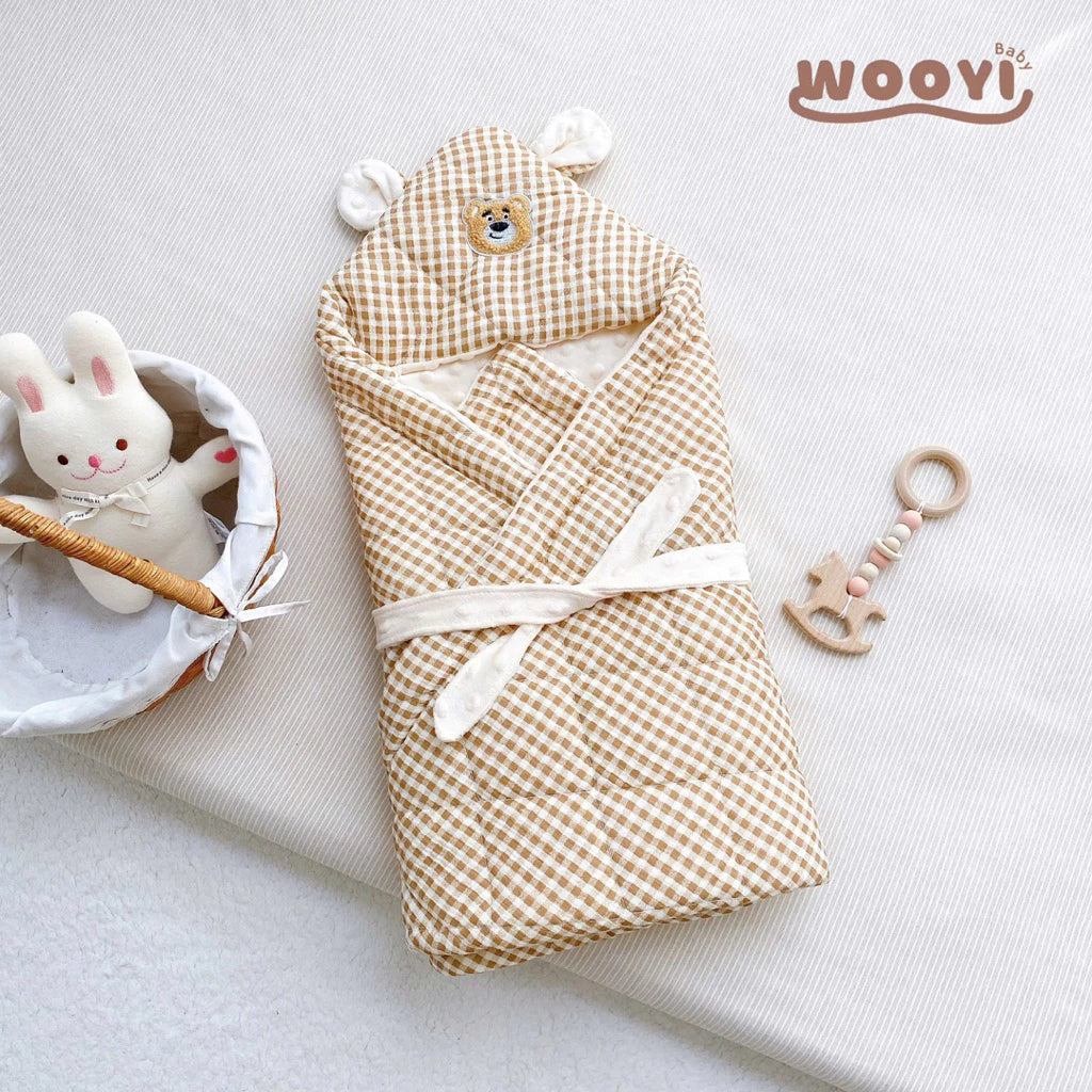 COTTON MUSLIN BLANKET (CHECKED) WITH VELVET LINING (WITH FREE BELT) FOR NEWBORN BABIES - WOOYI