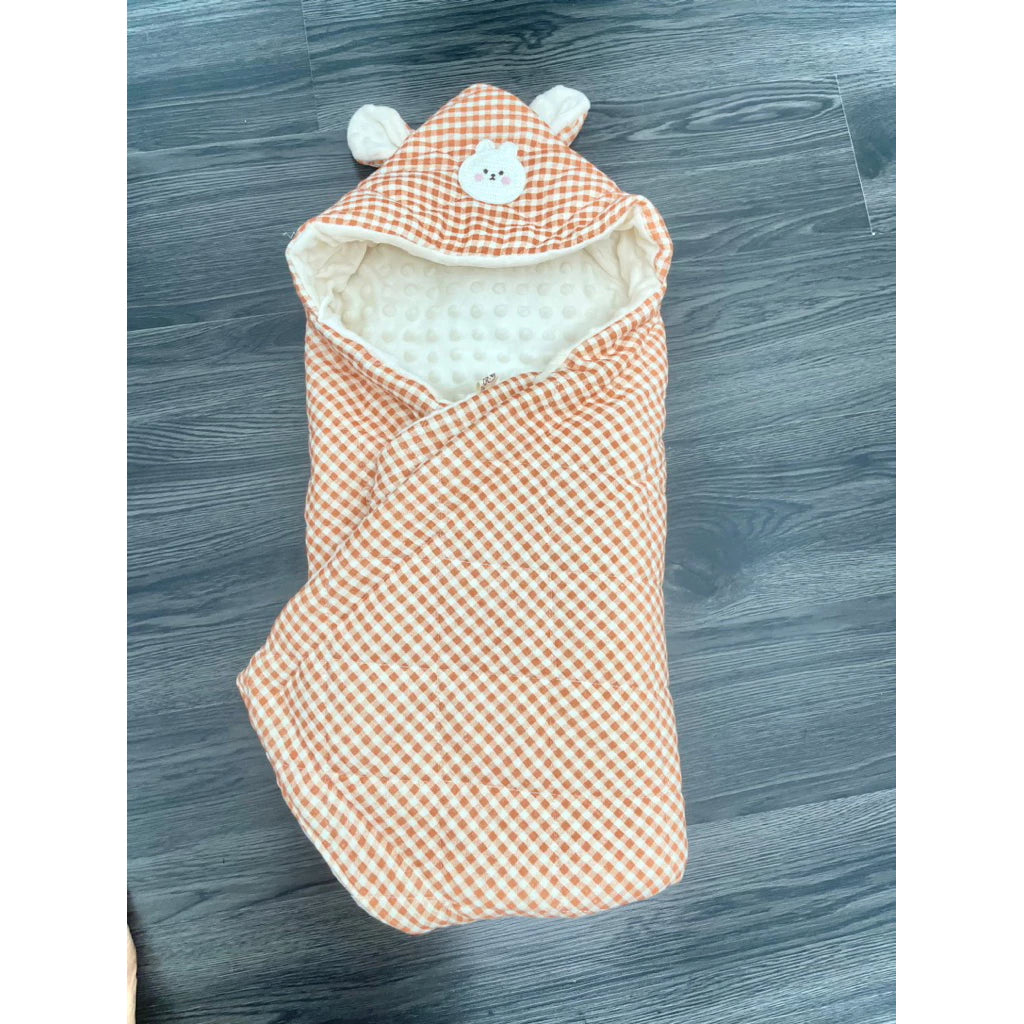 COTTON MUSLIN BLANKET (CHECKED) WITH VELVET LINING (WITH FREE BELT) FOR NEWBORN BABIES - WOOYI